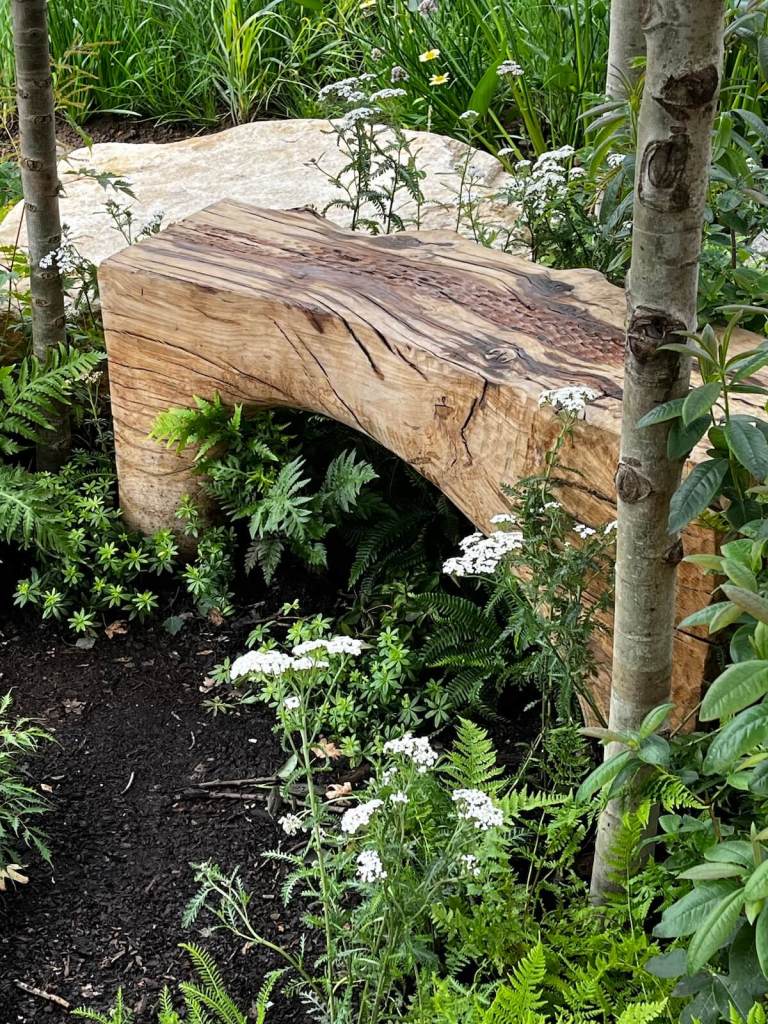 Designer-style wooden seat in woodland garden